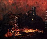 Famous Fish Paintings - A Still Life With A Fish, A Bottle And A Wicker Basket
